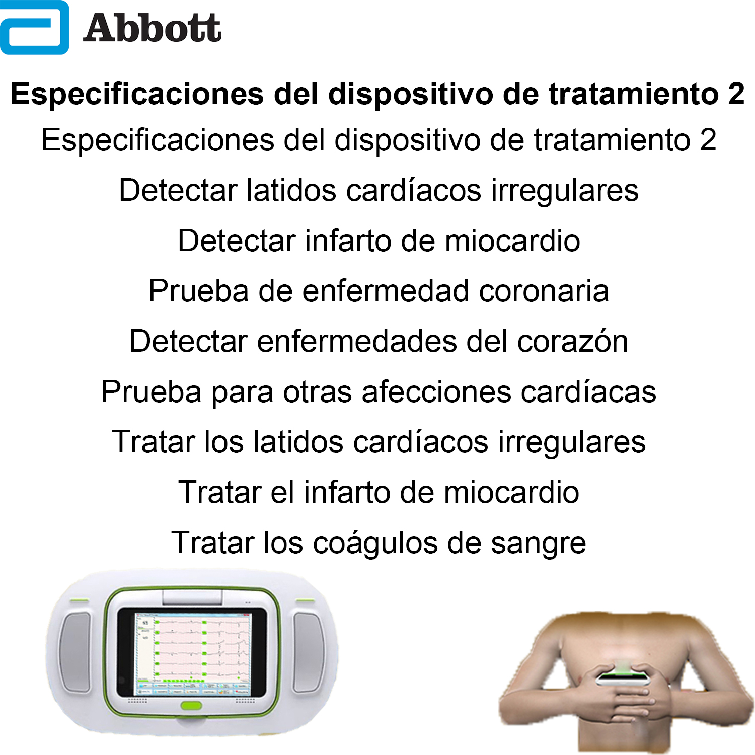 Especificaciones del instrumento terapéutico 2 (detección de arritmia + detección de infarto de miocardio + detección de enfermedad coronaria + detección de enfermedad cardíaca + detección de otras enfermedades cardíacas + tratamiento de arritmia + tratamiento de infarto de miocardio + tratamiento de trombosis)